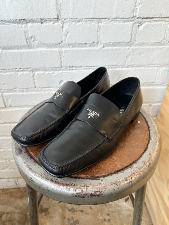 Prada Other - Prada Men's Black Leather Penny Loafers Triangle Logo Moc Toe - UK Size 10.5